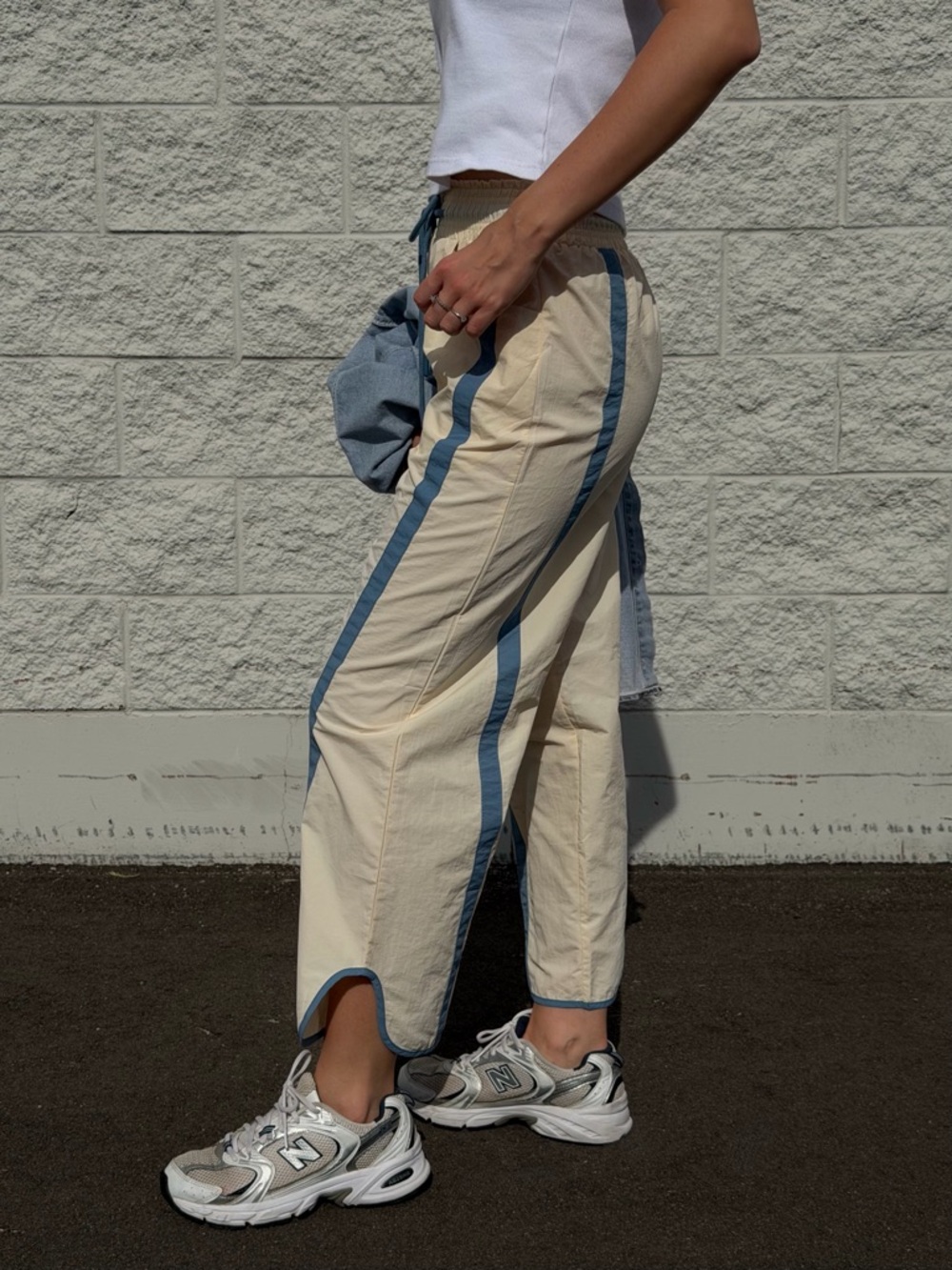 Cream/Blue Y2K Baggy Wide Leg Track Pants - Size S - Picture 4 of 5